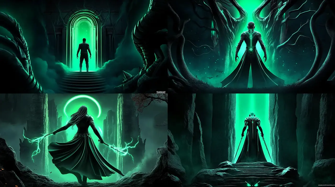 Otherworldly Emerald Nocturne: A Homage to Mysterious and Surreal Fantasies - Midjourney sref style