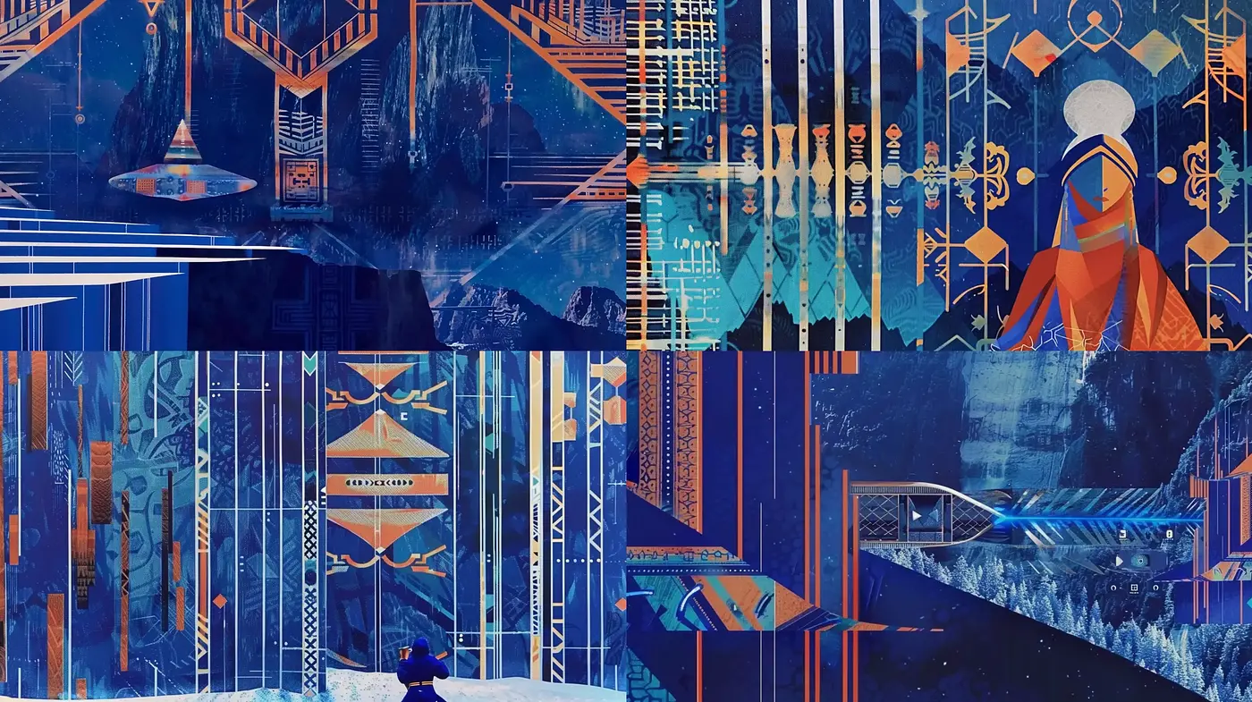 Futuristic Symmetry in Sapphire and Amber Hues - Midjourney sref style