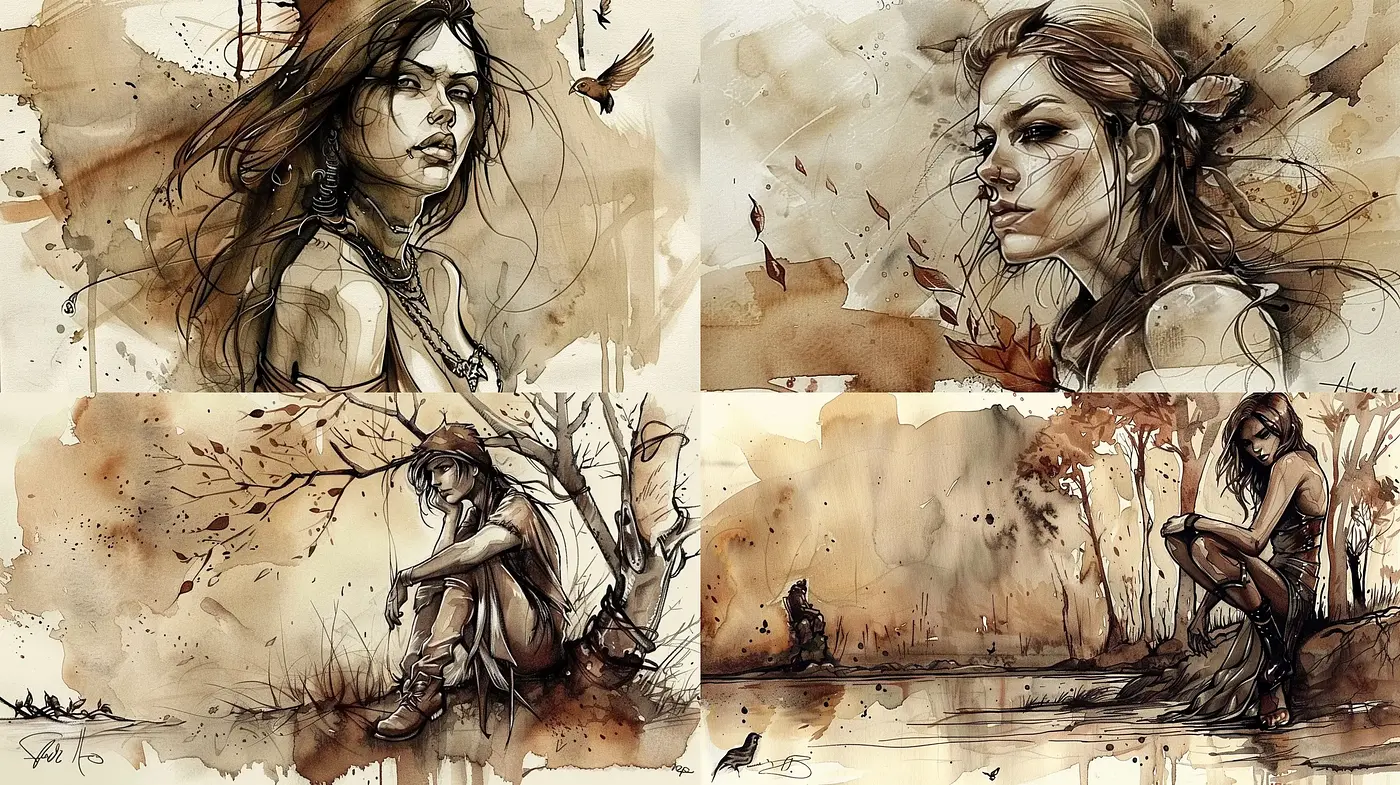 Sepia-Toned Sketches of Ethereal Elegance - Midjourney sref style