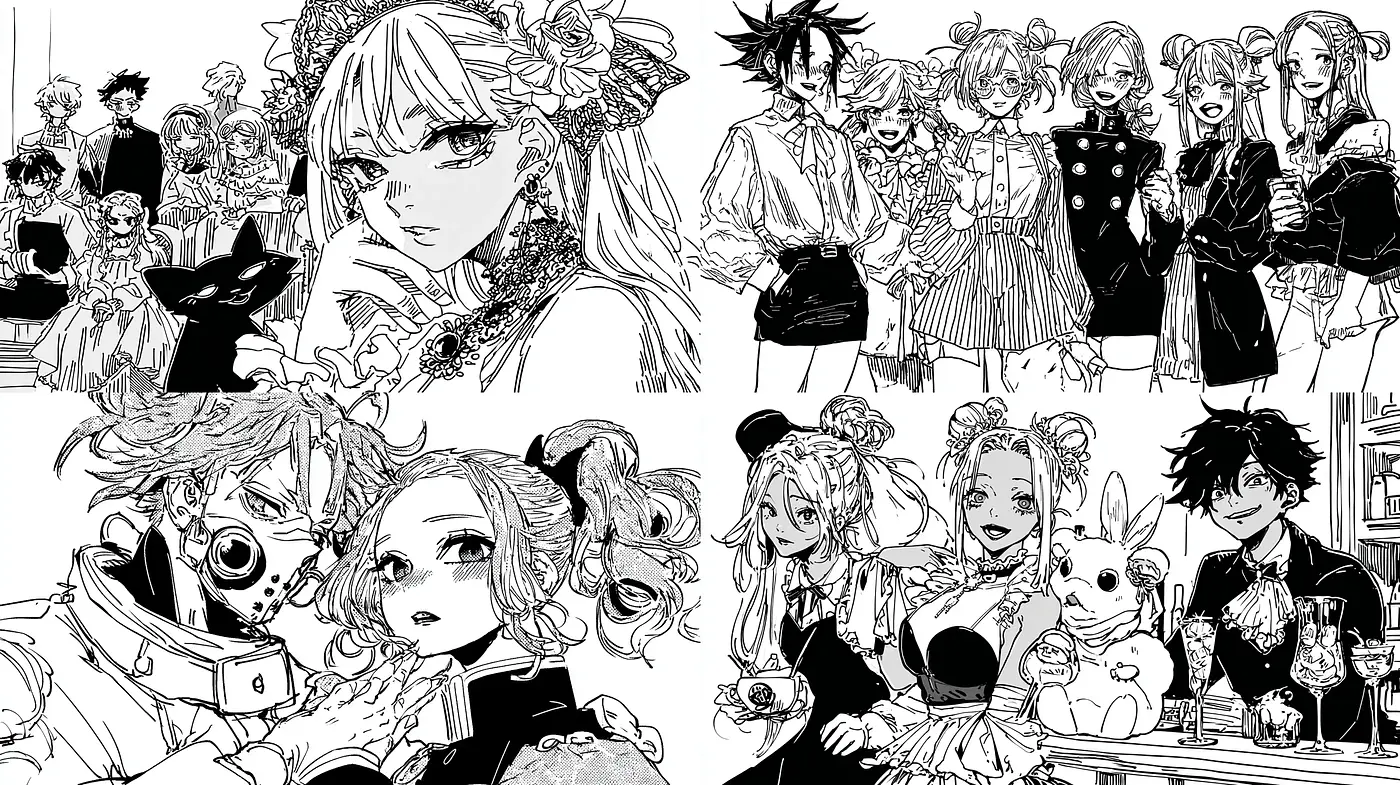 Stylized Black and White Illustrations with Character-Centric Design - Midjourney sref style