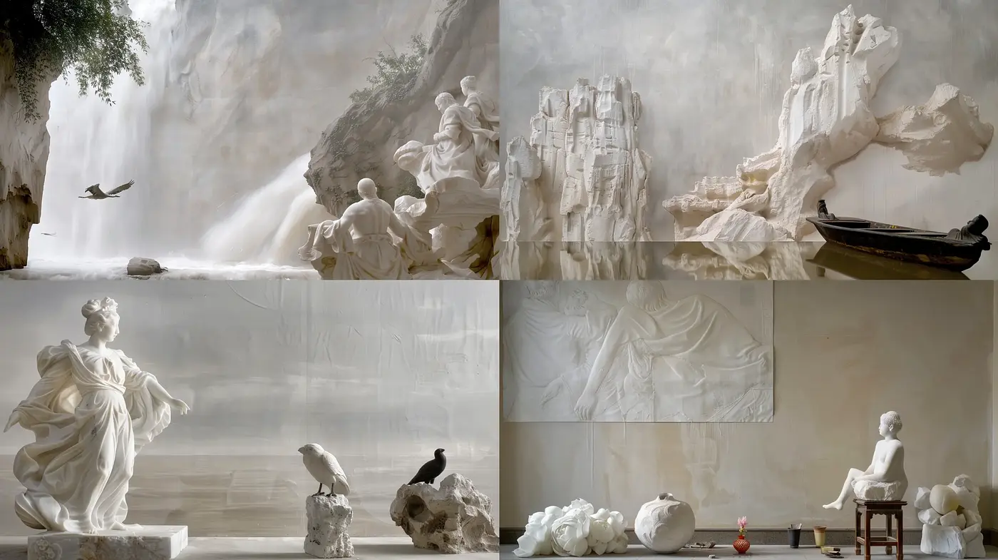 Ethereal Statuesque Dreamscapes in Monochromatic Harmony - Midjourney sref style