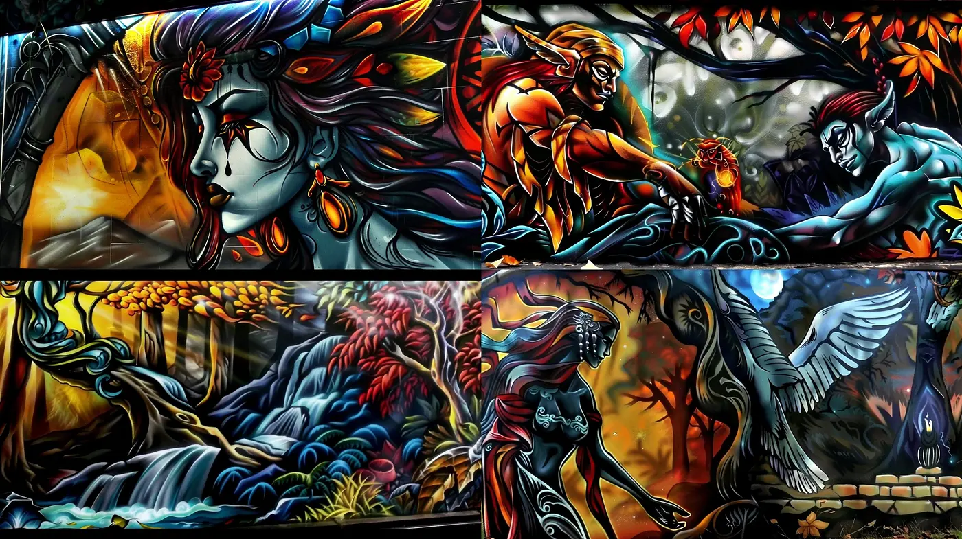 Vivid and Surreal Mythological Dreamscape - Midjourney sref style