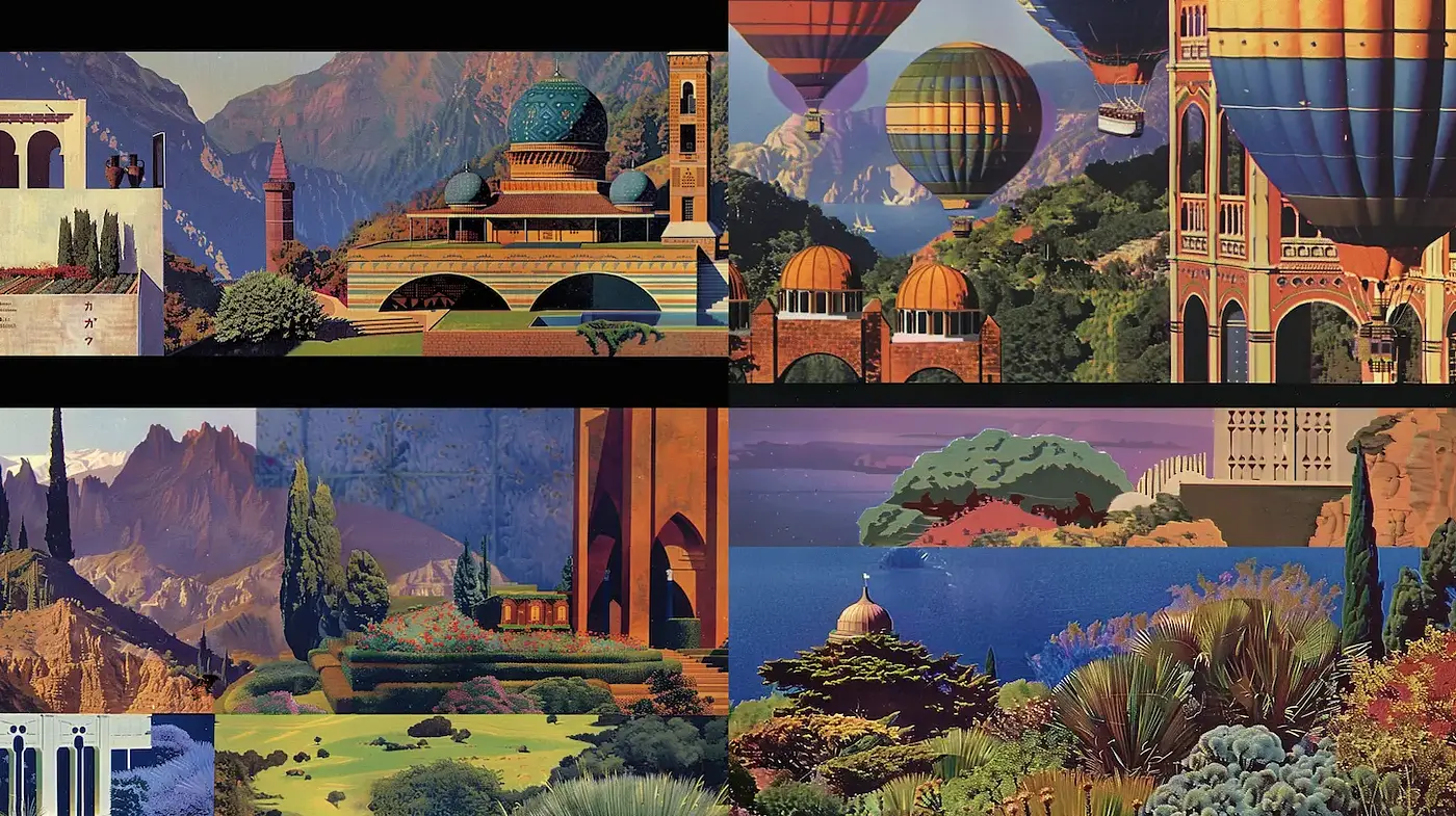 Dreamlike, Futuristic Landscapes with Vibrant Contextual Harmony - Midjourney sref style