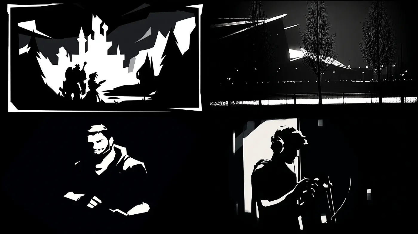 Dynamic and Contrast-Rich Monochromatic Visuals with Stylized Elements - Midjourney sref style