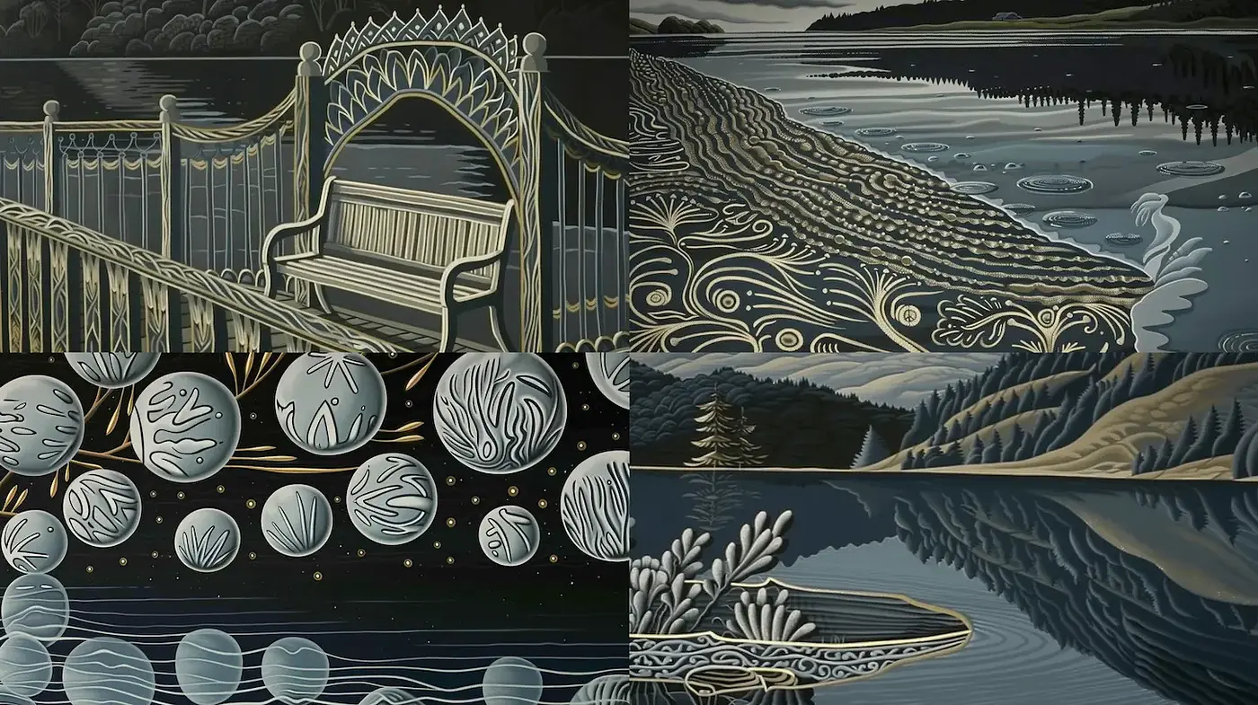 Serene and stylized representations of nature with a minimalist aesthetic - Midjourney sref style