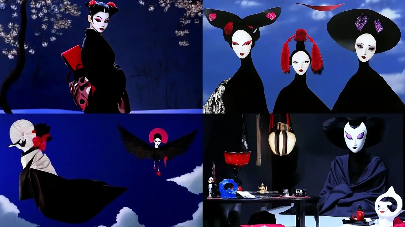 Ethereal Noh Performance Under Midnight Sakura - Midjourney sref style