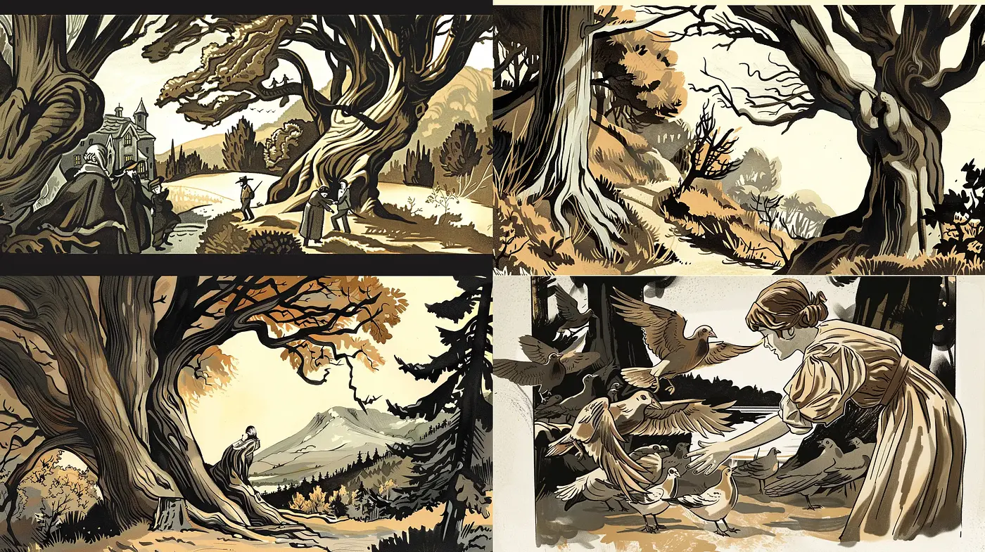 Sepia-toned Storybook Illustrative Fusion - Midjourney sref style