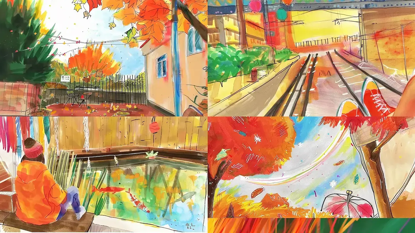 Vibrant and whimsical autumn-inspired watercolor landscapes - Midjourney sref style