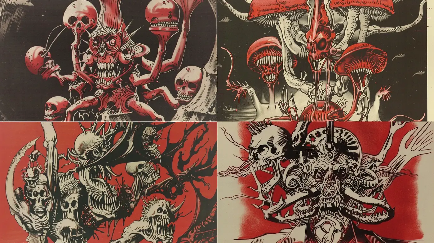 Eerie Sanguine Shades: A Macabre Dance of Red and Black - Midjourney sref style