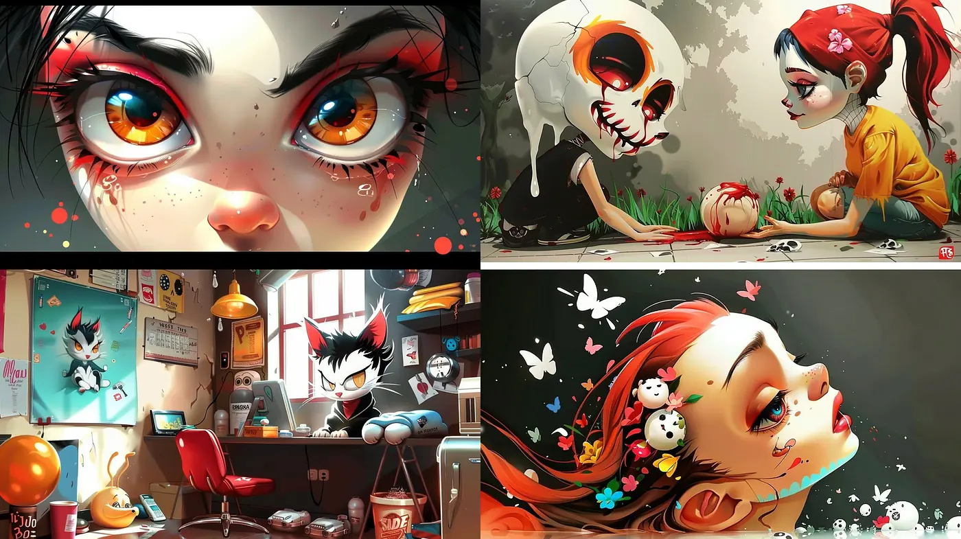 Whimsical Contrast: A Fusion of Modern Stylized Artistry and Dark Whimsy - Midjourney sref style