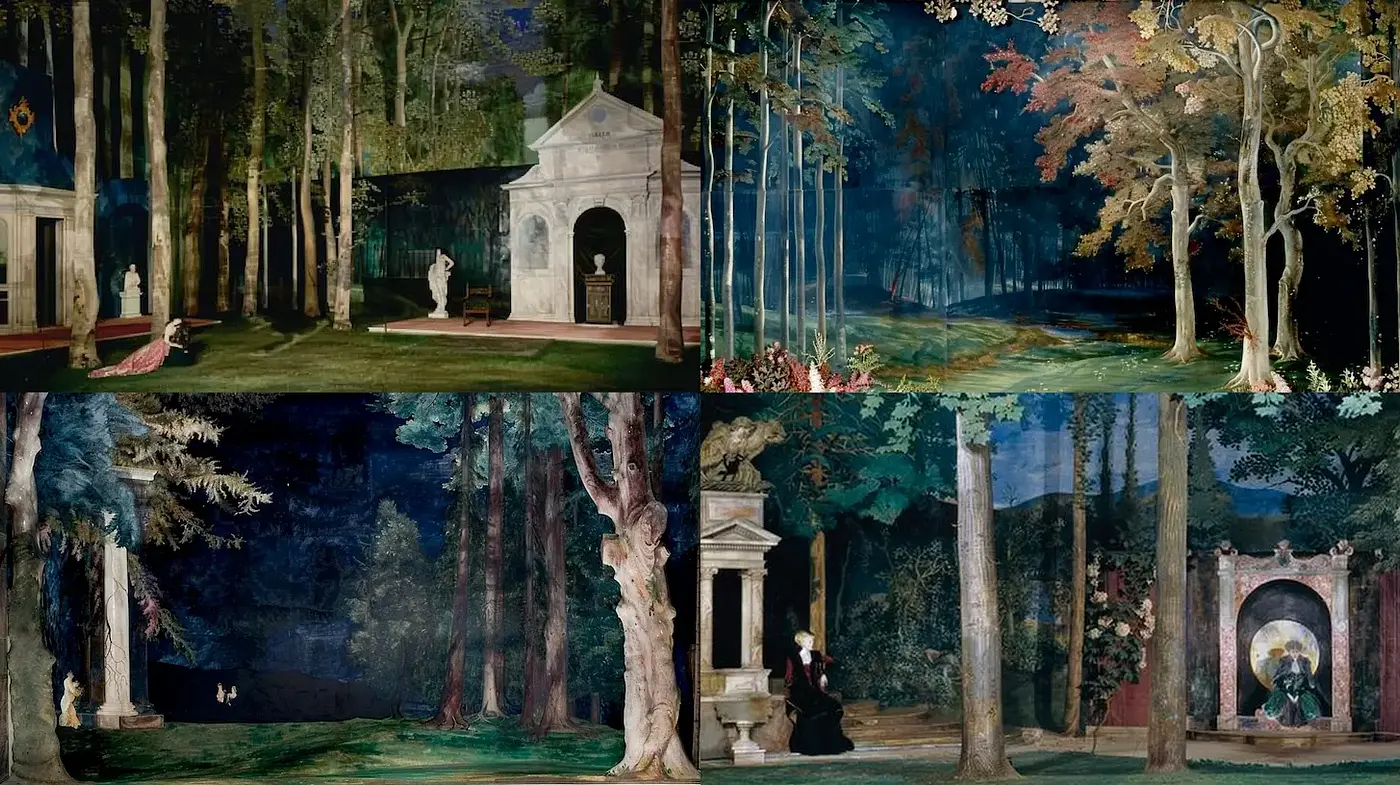 Enchanting Forest Scenes with Ethereal Depths and Romantic Elements - Midjourney sref style