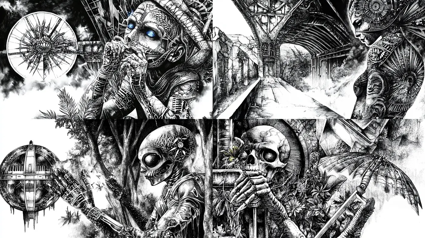 Monochrome Intricacies and Surreal Tales - Midjourney sref style