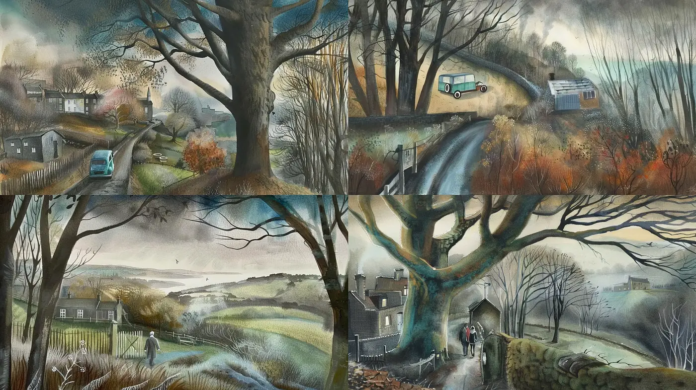 Misty Rural Vistas with a Surrealist Touch - Midjourney sref style