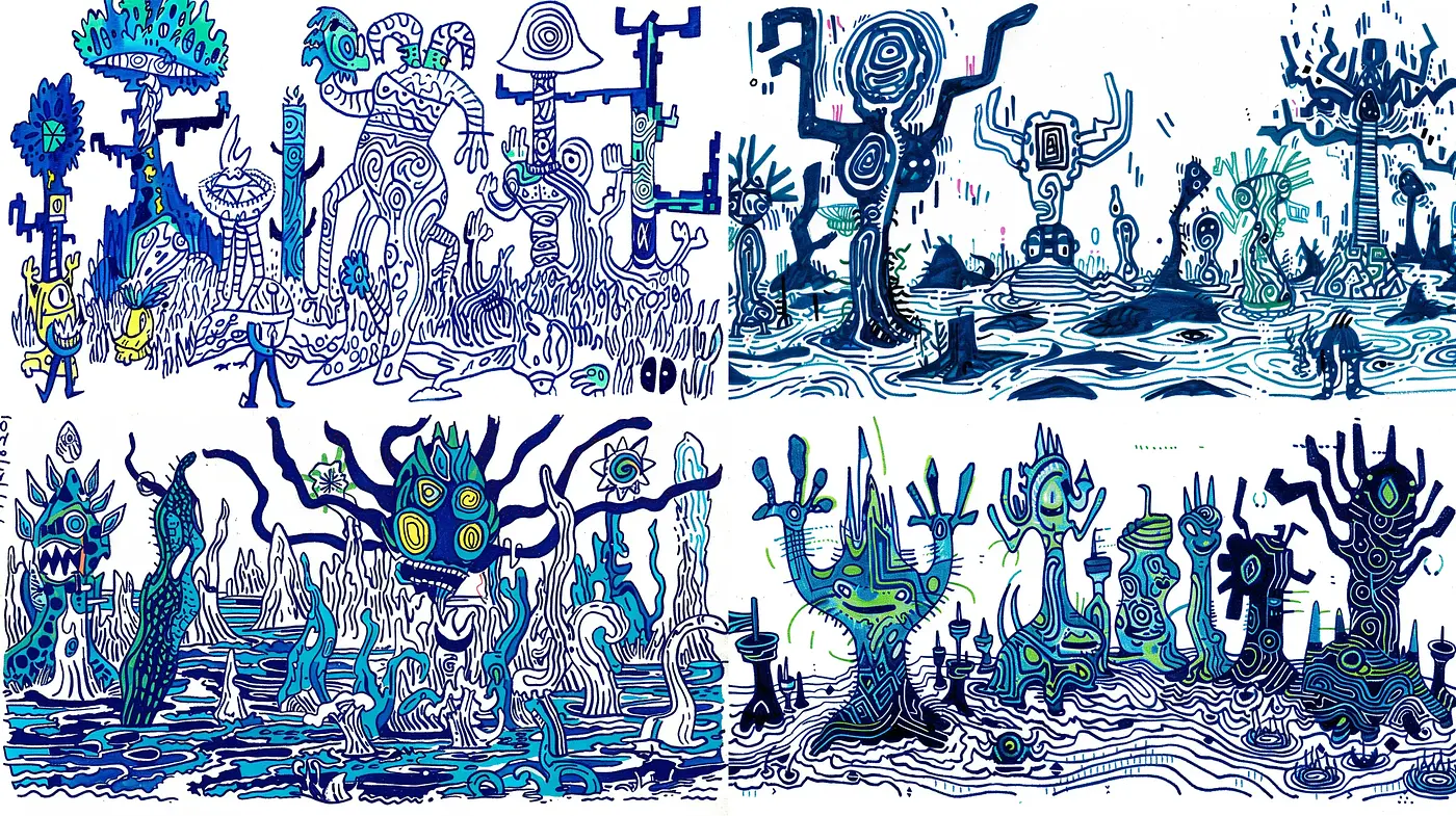 Psychedelic Dreamscape in Ultramarine and Neon Flair - Midjourney sref style
