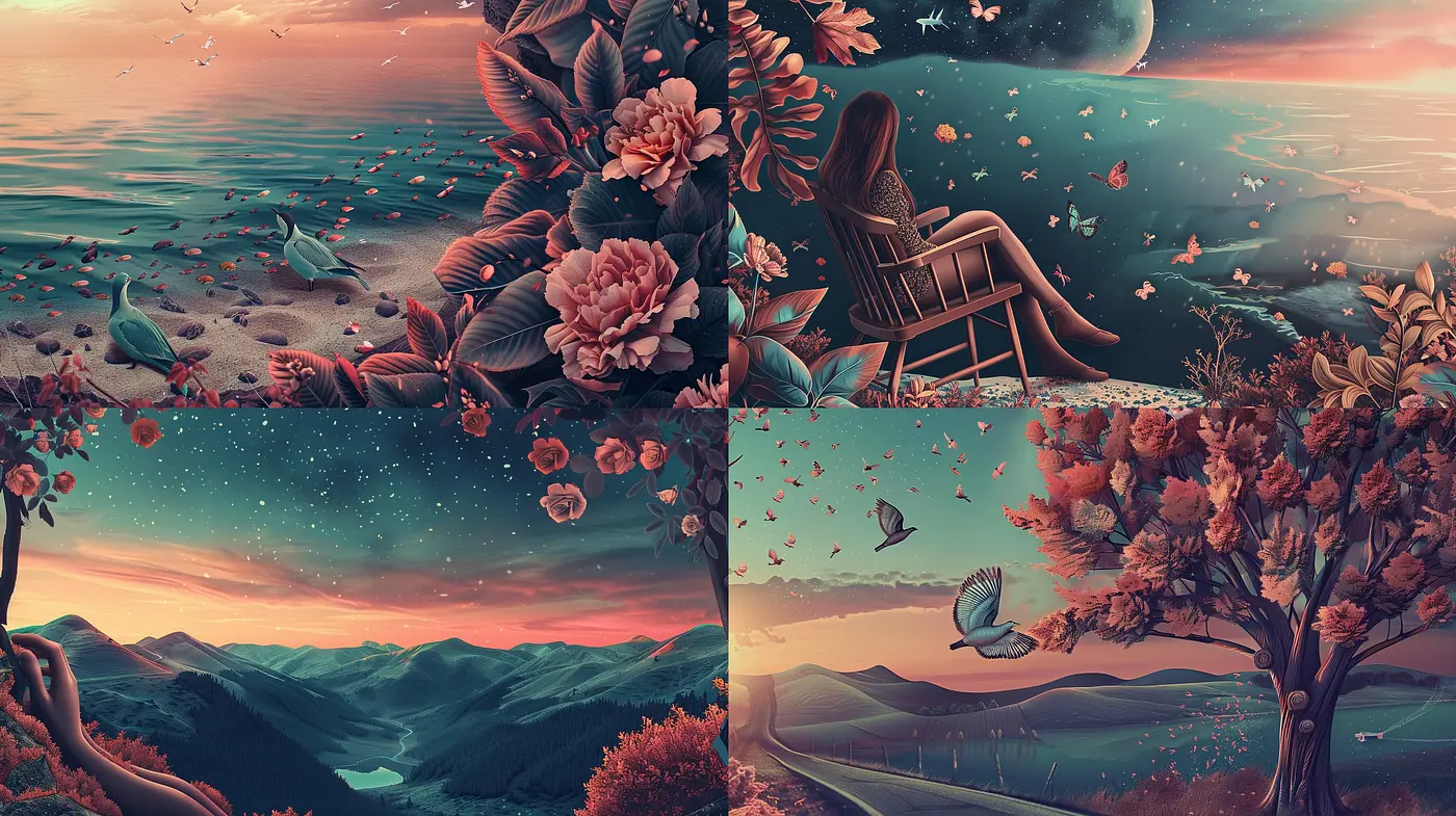 Lush Twilight Dreamscapes: A Harmonious Blend of Nature and Serenity in Art - Midjourney sref style