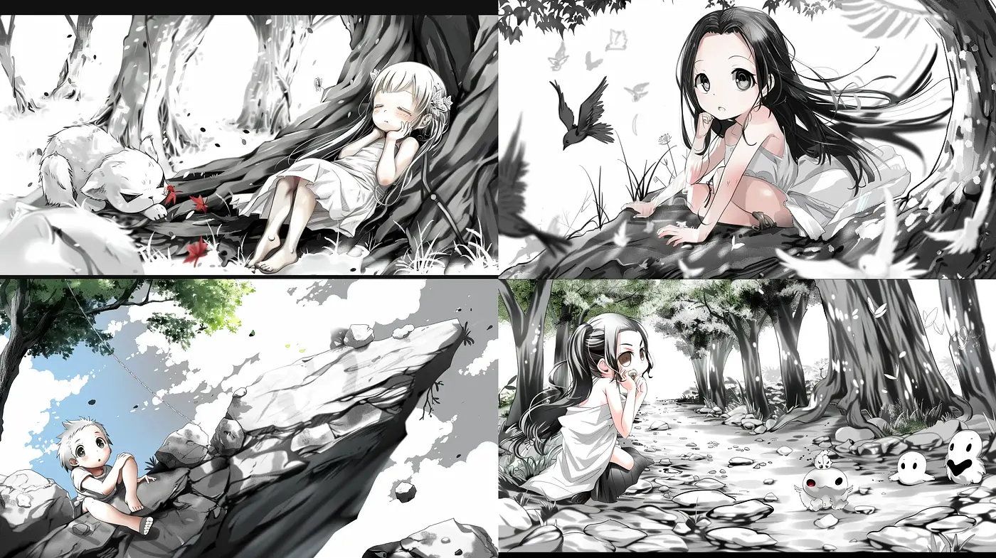 Monochromatic Manga-Inspired Enchantment with Pops of Color - Midjourney sref style