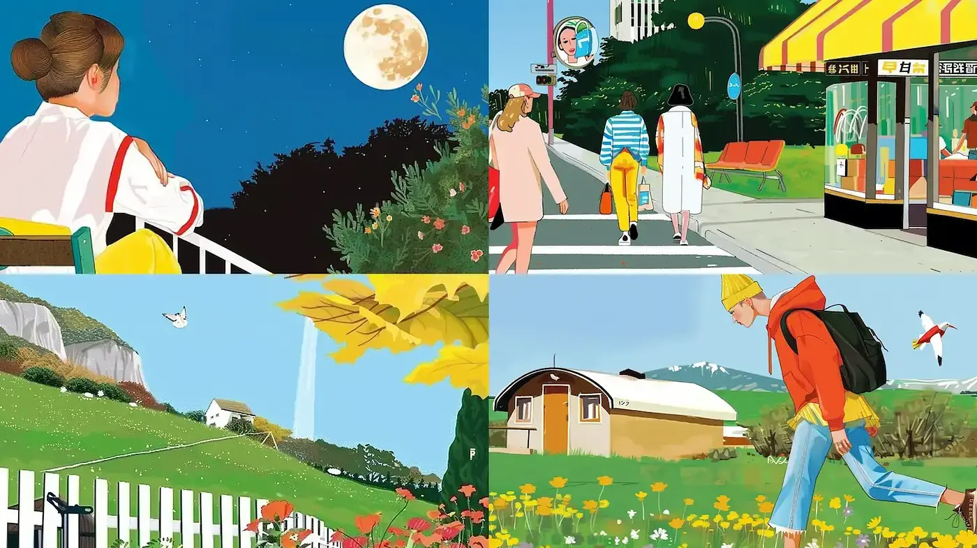 Vibrant, whimsical urban landscapes with a nostalgic essence - Midjourney sref style