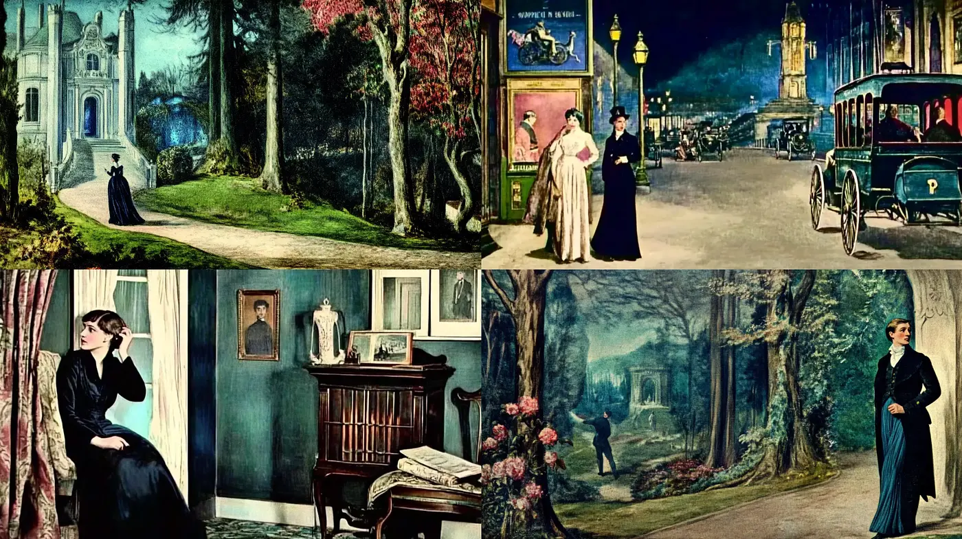 Timeless Elegance in a Twilight Victorian Tableau - Midjourney sref style