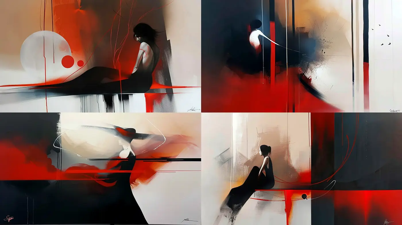 Abstract Elegance with Stylized Red Accents in a Modernist Blend - Midjourney sref style