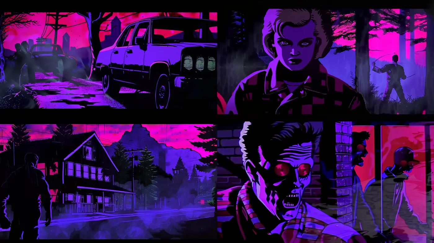 Neon Noir Fusion: A Synthesis of Cyberpunk and Horror Aesthetics - Midjourney sref style