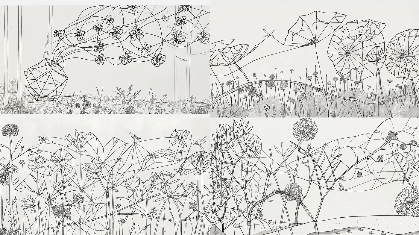 Monochromatic Botanical Line Art Fusion - Midjourney sref style