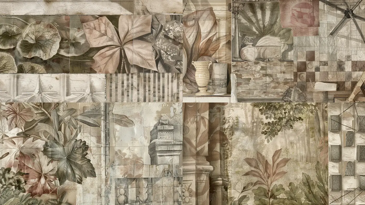 Ethereal Botanical Collage with a Time-Worn Essence - Midjourney sref style
