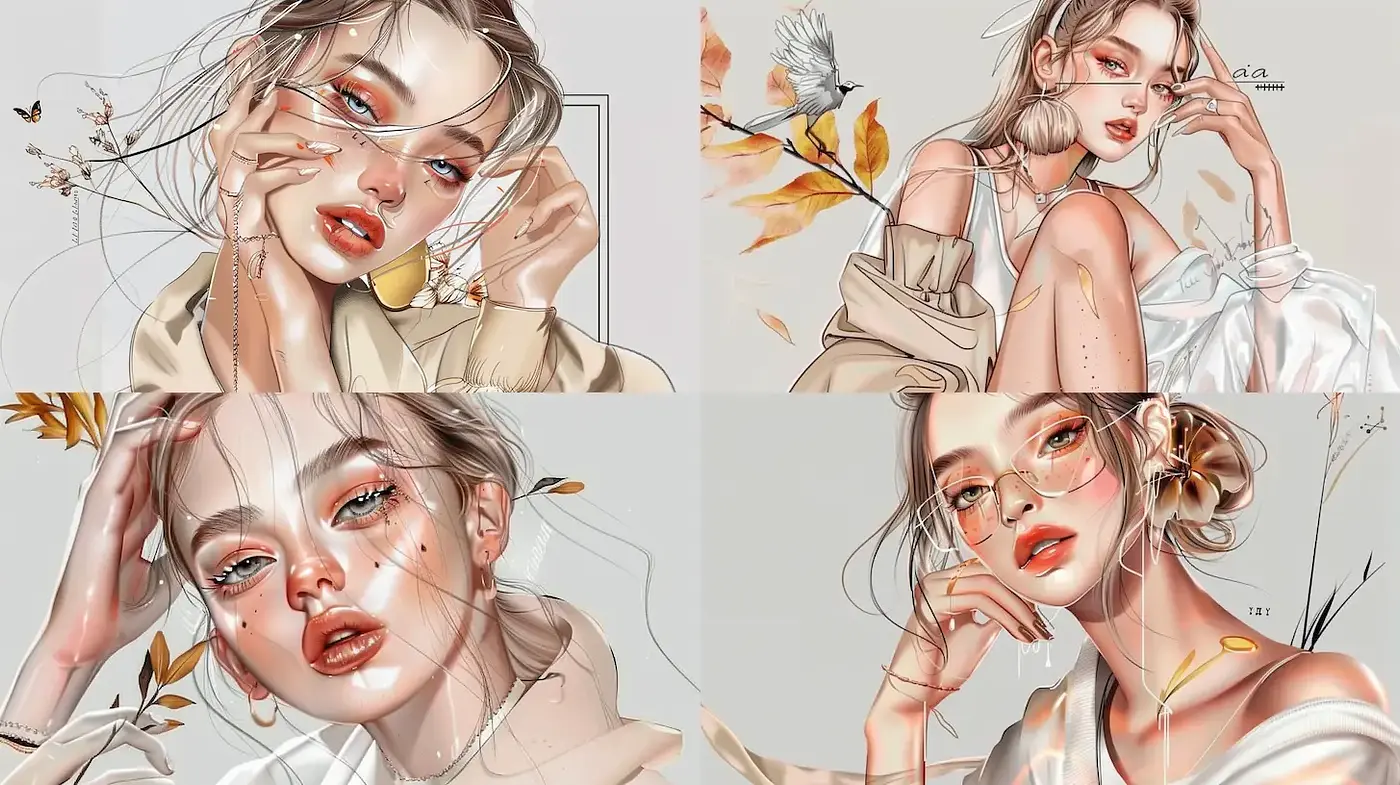 Elegant and Whimsical Contemporary Portrait Art with Floral Accents - Midjourney sref style