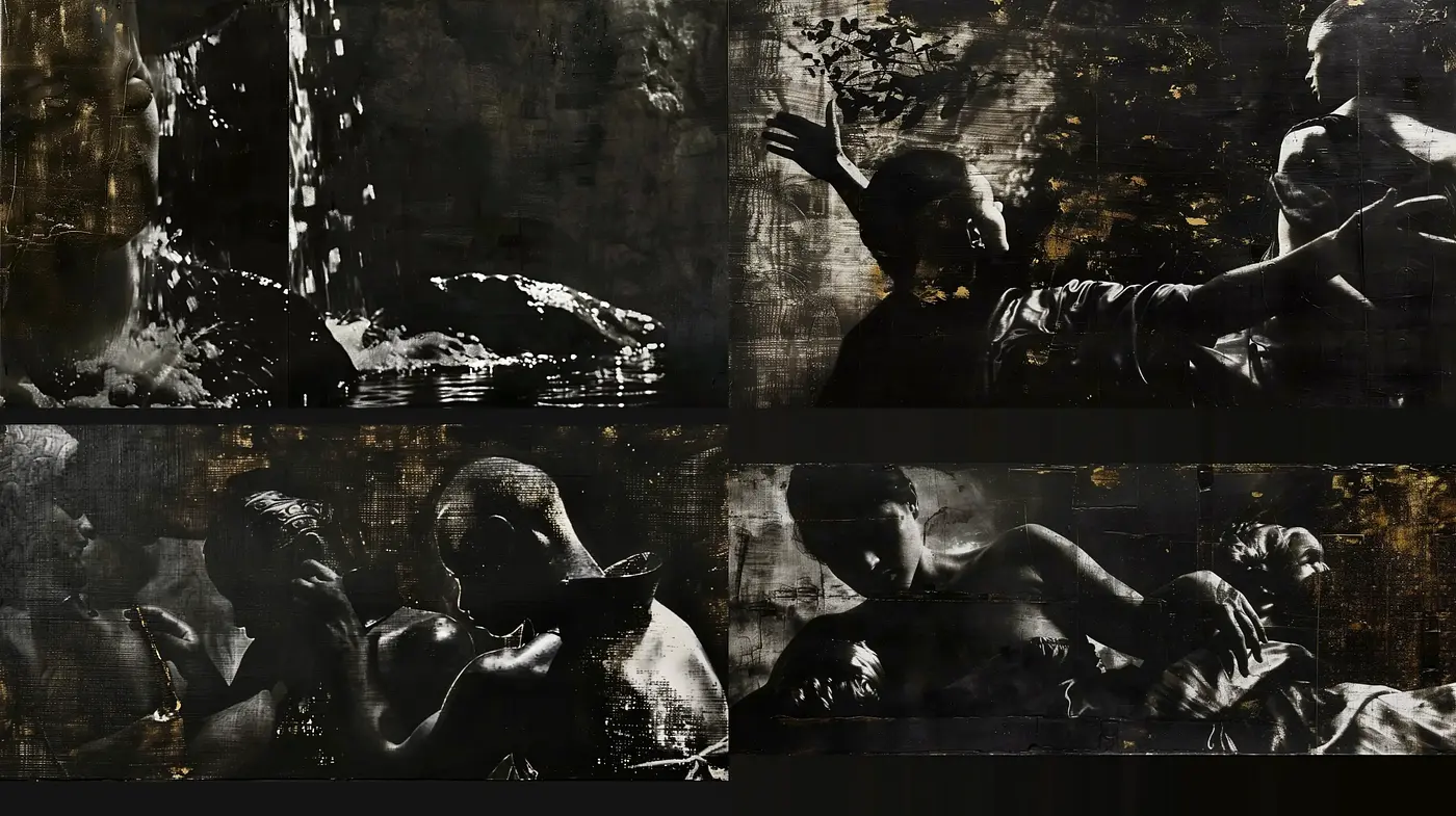 Noir-Inspired Textured Monotone Tableaux - Midjourney sref style