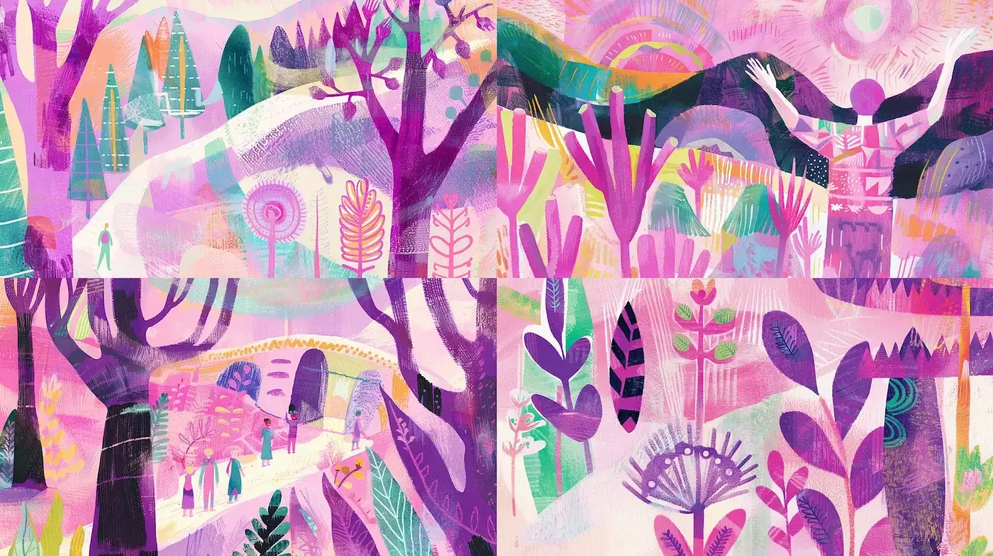 Whimsical Landscape with Lush Flora and Diverse Figures in a Dreamy Palette - Midjourney sref style