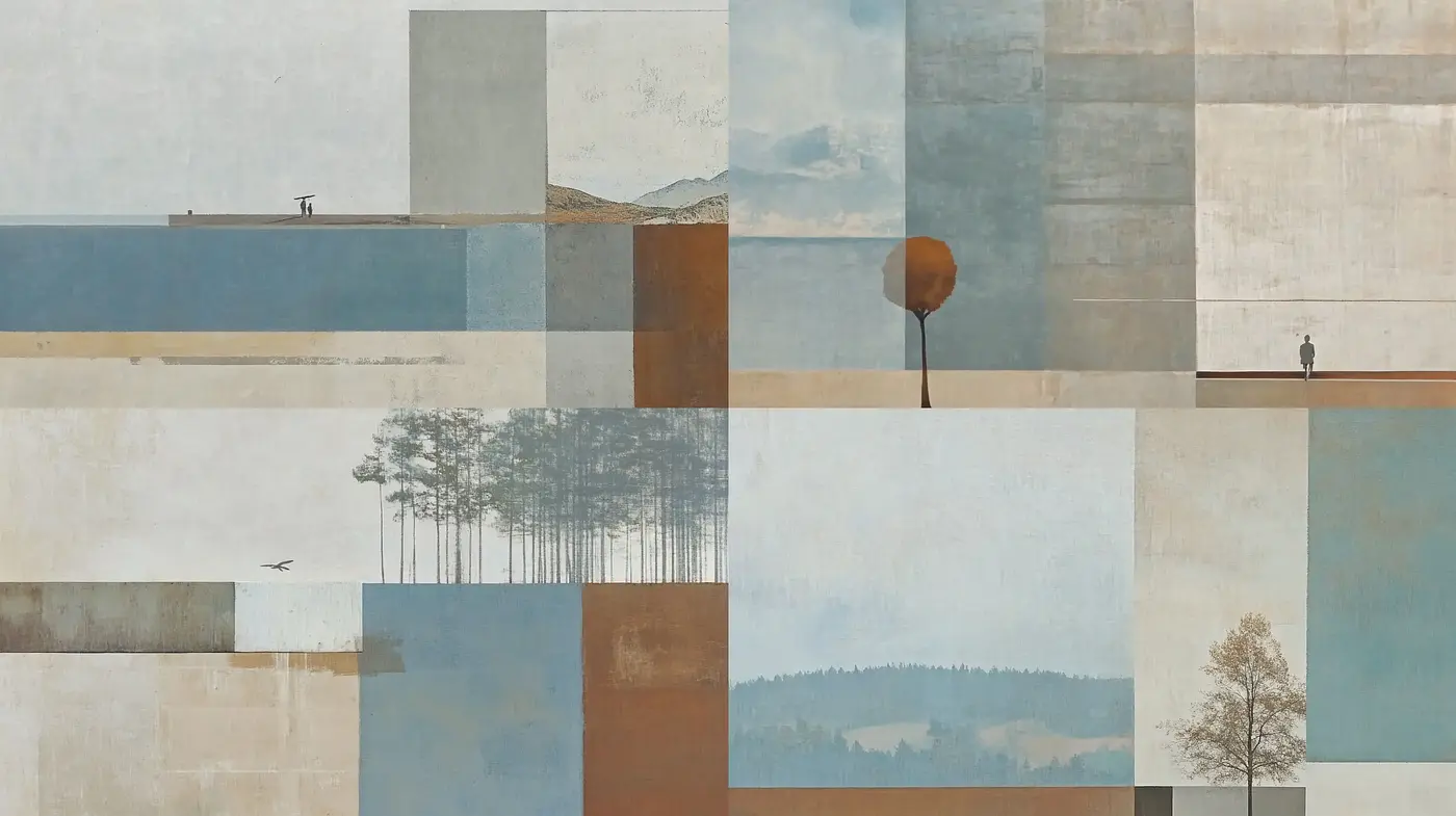 Collage of Serenity: Textured Tranquility in Pastel and Earth Tones - Midjourney sref style