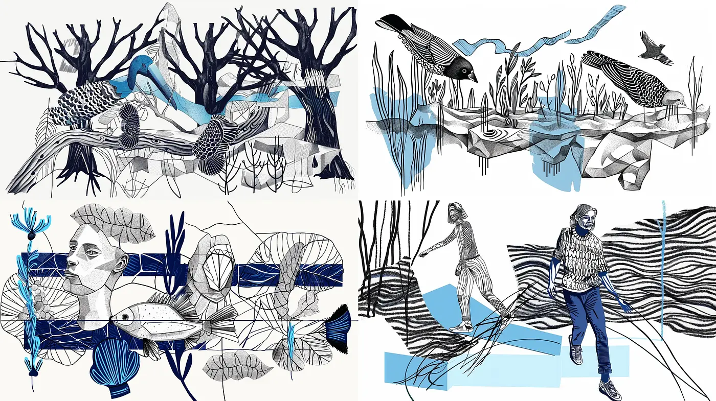 Harmonious Blue and Black Pen Illustrations With Whimsical Nature and Human Integration - Midjourney sref style
