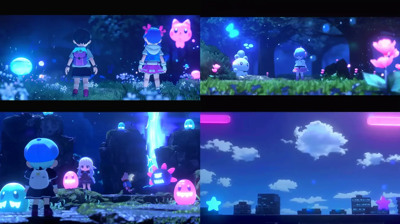 Ethereal Dreamscape with Luminous Creatures and Whimsical Characters - Midjourney sref style