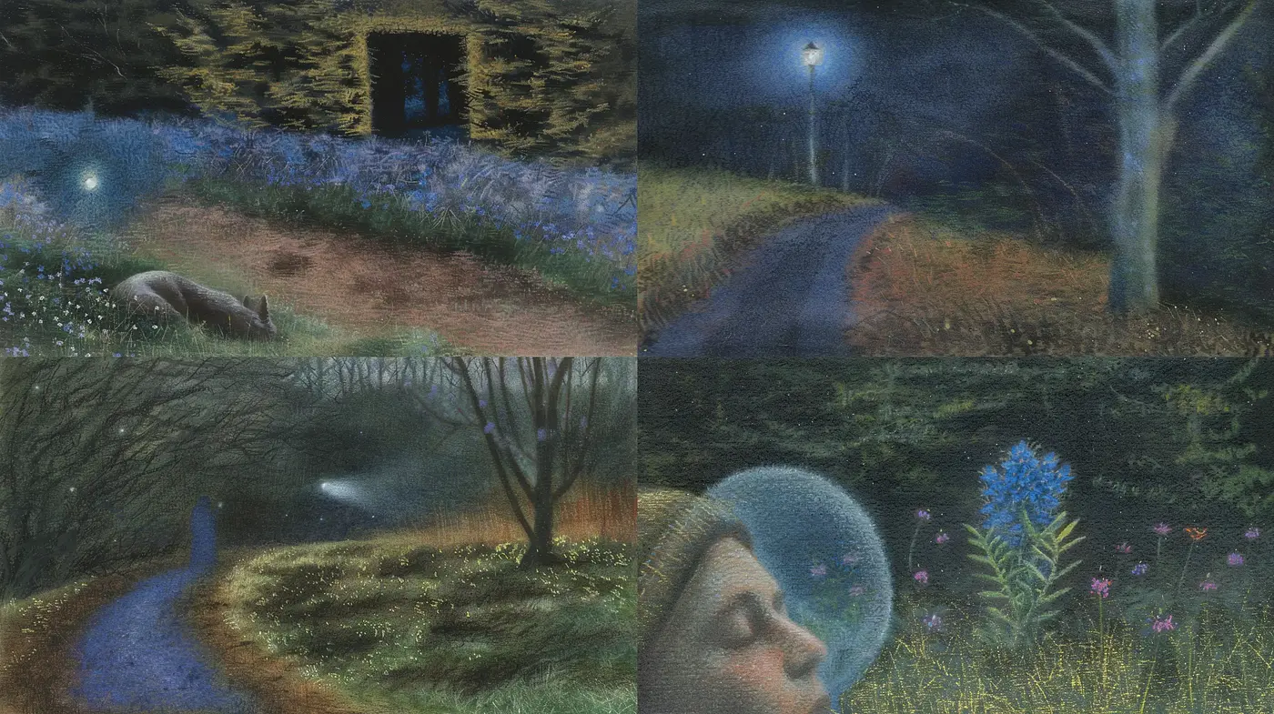 Mystical Nocturnal Landscapes with Phosphorescent Highlights - Midjourney sref style