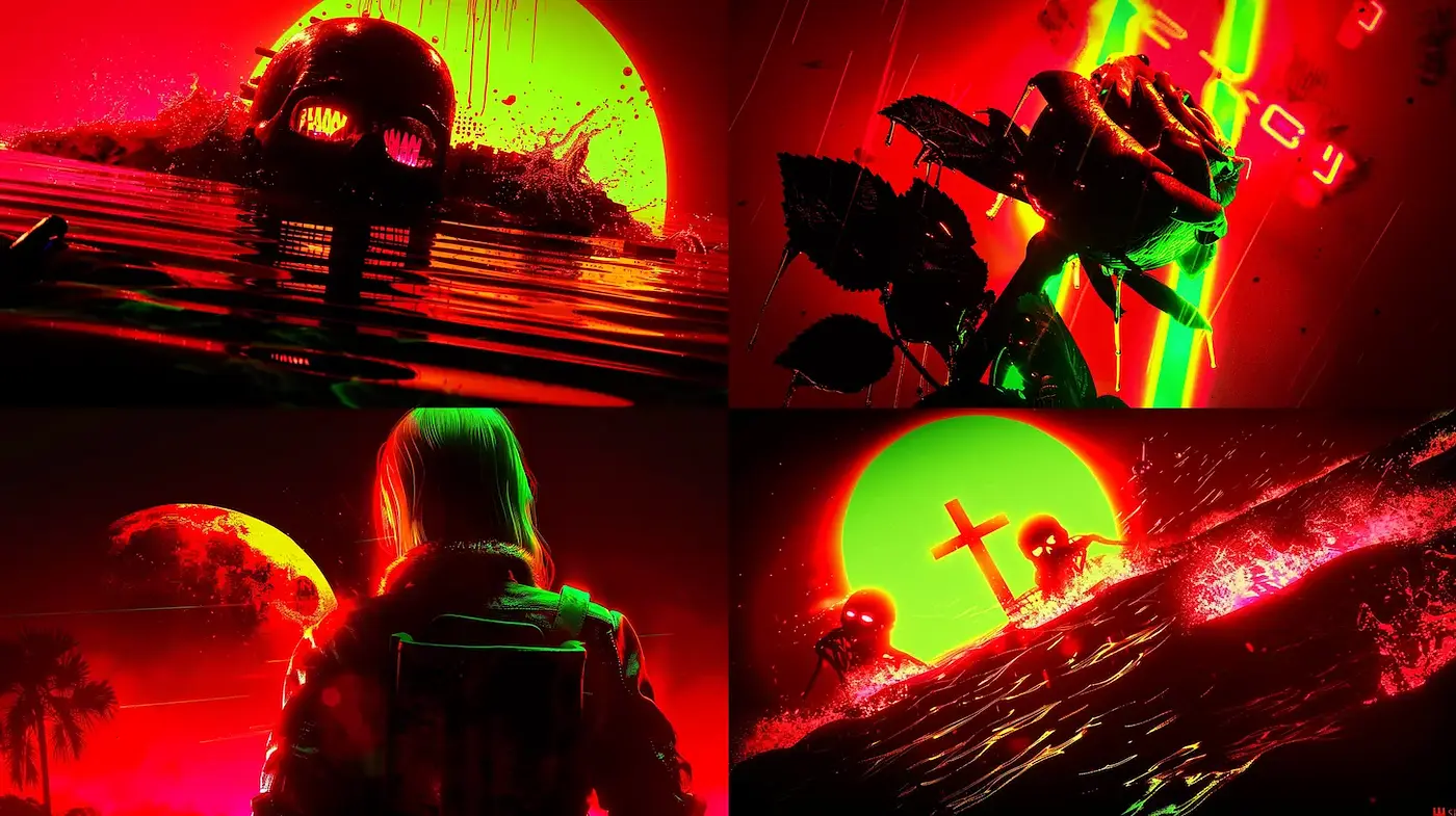 Neon-Drenched Surrealism with a Retro-Futuristic Edge - Midjourney sref style
