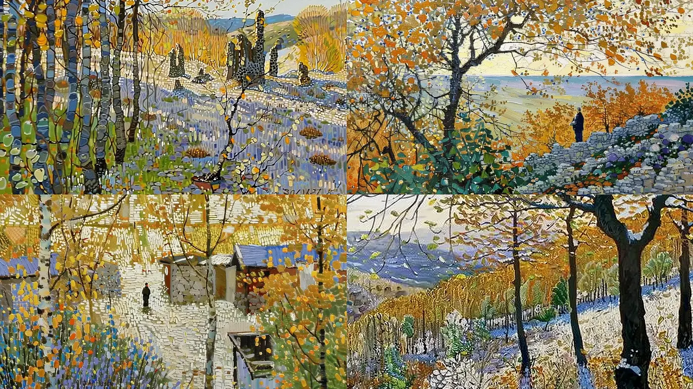 Autumnal Pointillist Dreamscape: A Homage to Post-Impressionist Vibrancy - Midjourney sref style