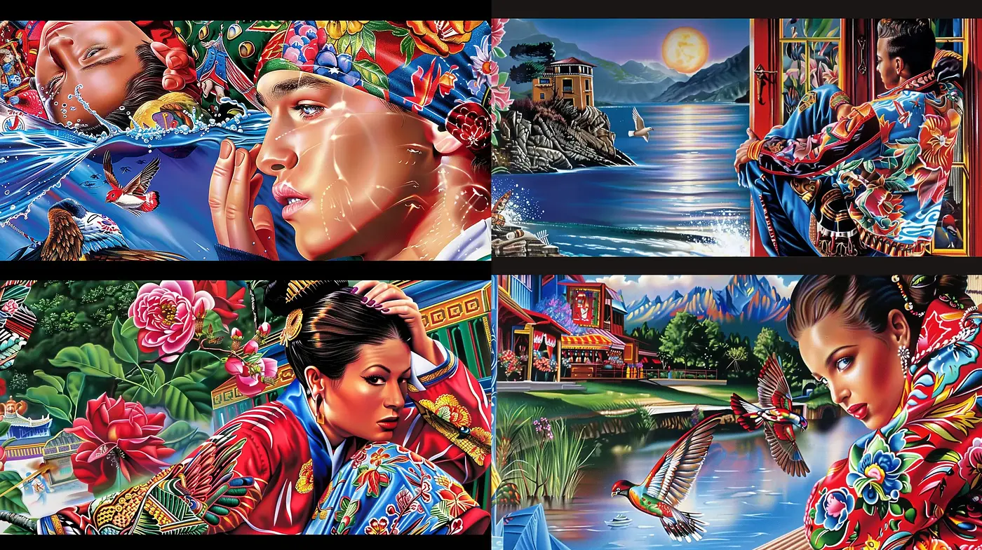 Vibrant Fusion of Traditional Asian Motifs and Surreal Environmental Artistry - Midjourney sref style