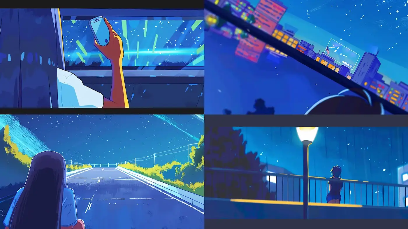 Cinematic Nighttime Scenes with Anime Influences and Vibrant Blue Tones - Midjourney sref style