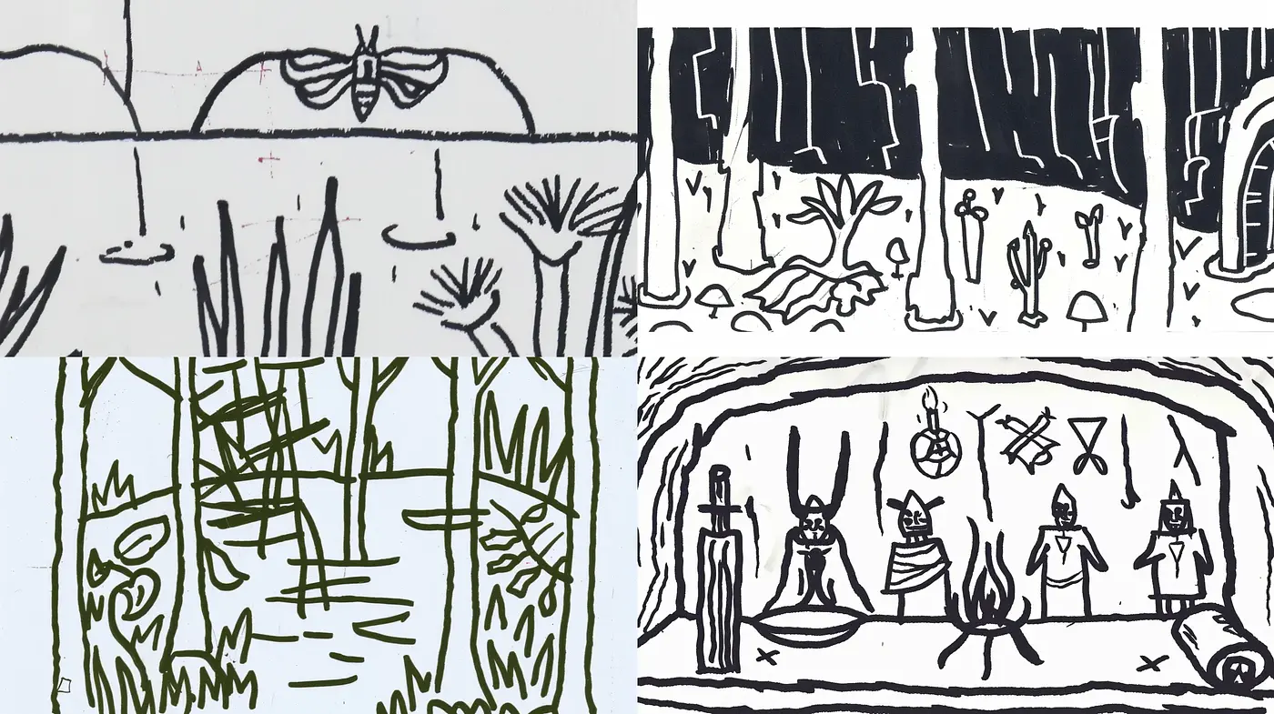 Abstract Monochromatic Ink Drawings with an Expressive Flair - Midjourney sref style