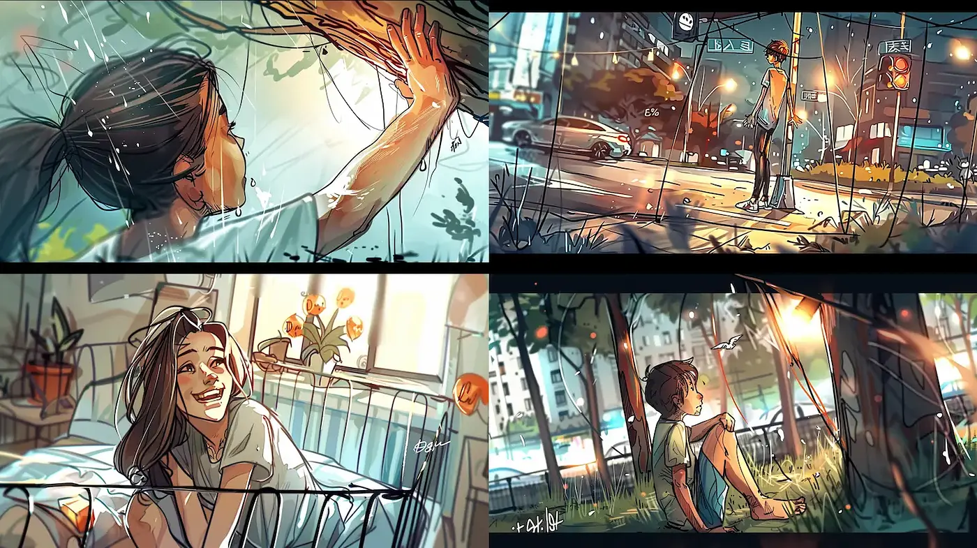 Whimsical Urban Narrative with Vivid Emotions - Midjourney sref style