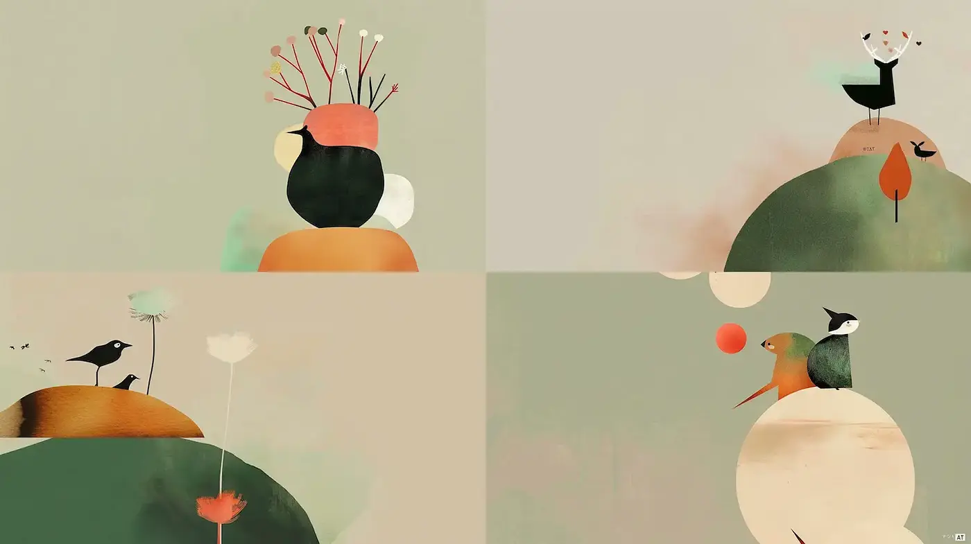 Stylized and Minimalist Illustrations with Earthy Tones - Midjourney sref style