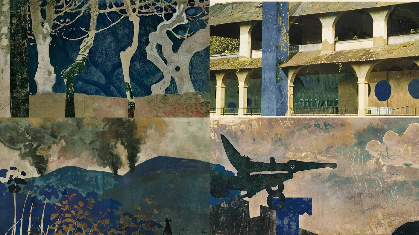 Abstract Evocative Fusion with Aged Patina and Textural Contrast - Midjourney sref style