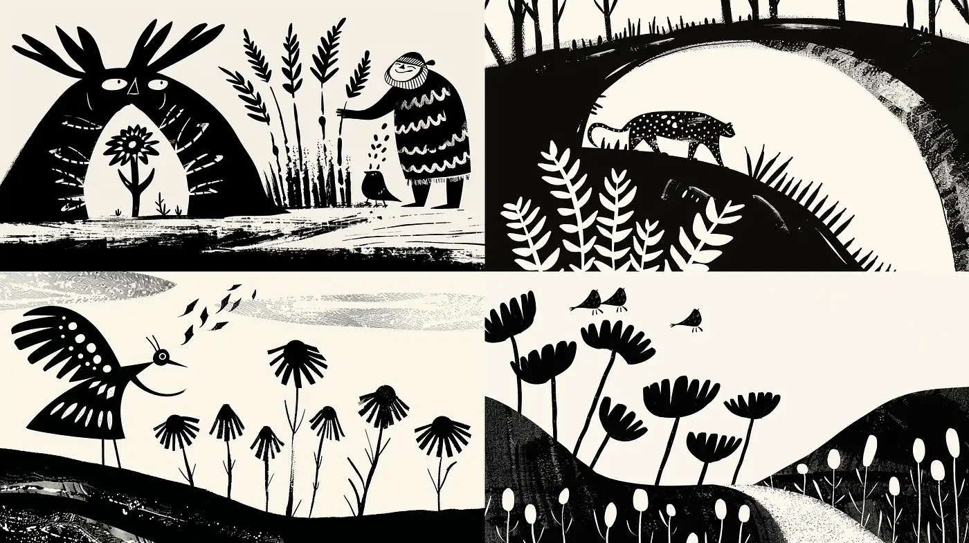 Monochromatic Folklore Impressions in Stylized Nature - Midjourney sref style