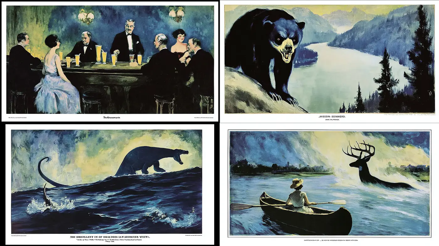 Eerie yet captivating illustrations blending wildlife with surreal elements - Midjourney sref style