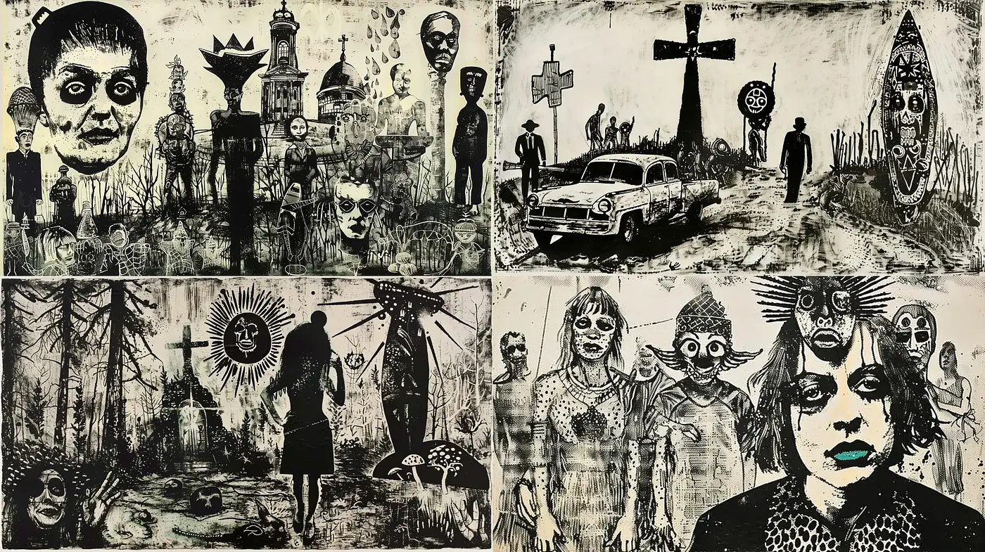 Gothic Noir Pen Illustrations with Surrealist Overtones - Midjourney sref style
