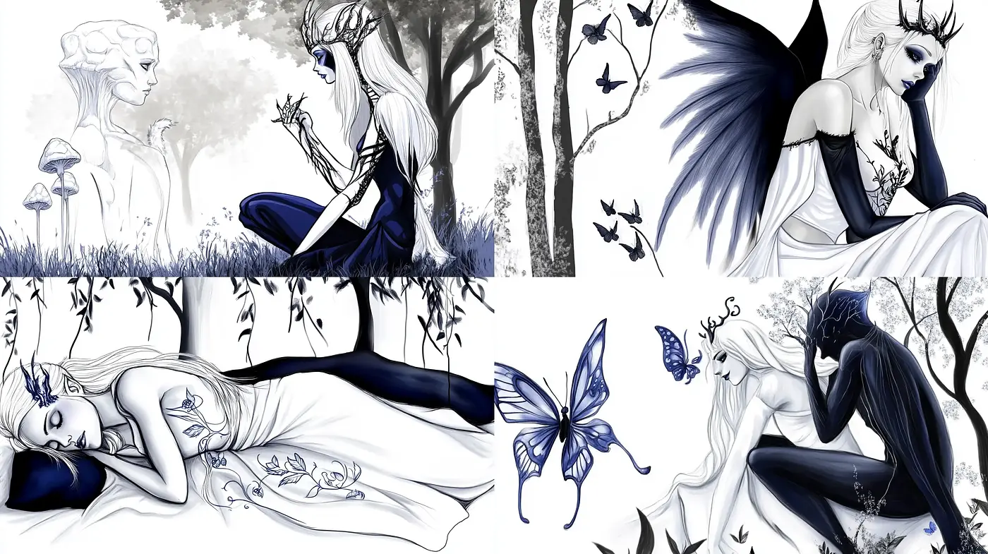 Monochromatic Enchantment: A Study in Shades of Blue and Black with Ethereal Subjects - Midjourney sref style