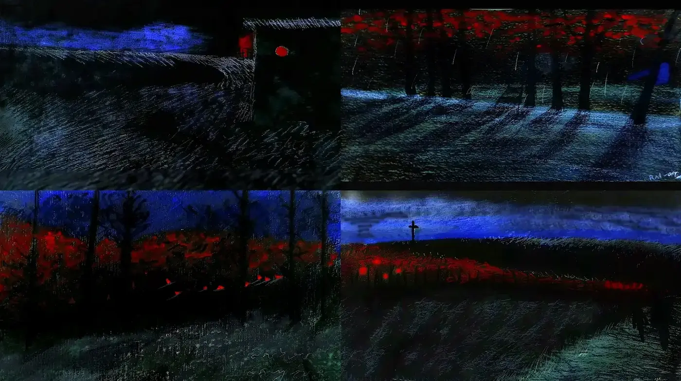 Eerie Landscape with Bold Colors and Textured Depth - Midjourney sref style