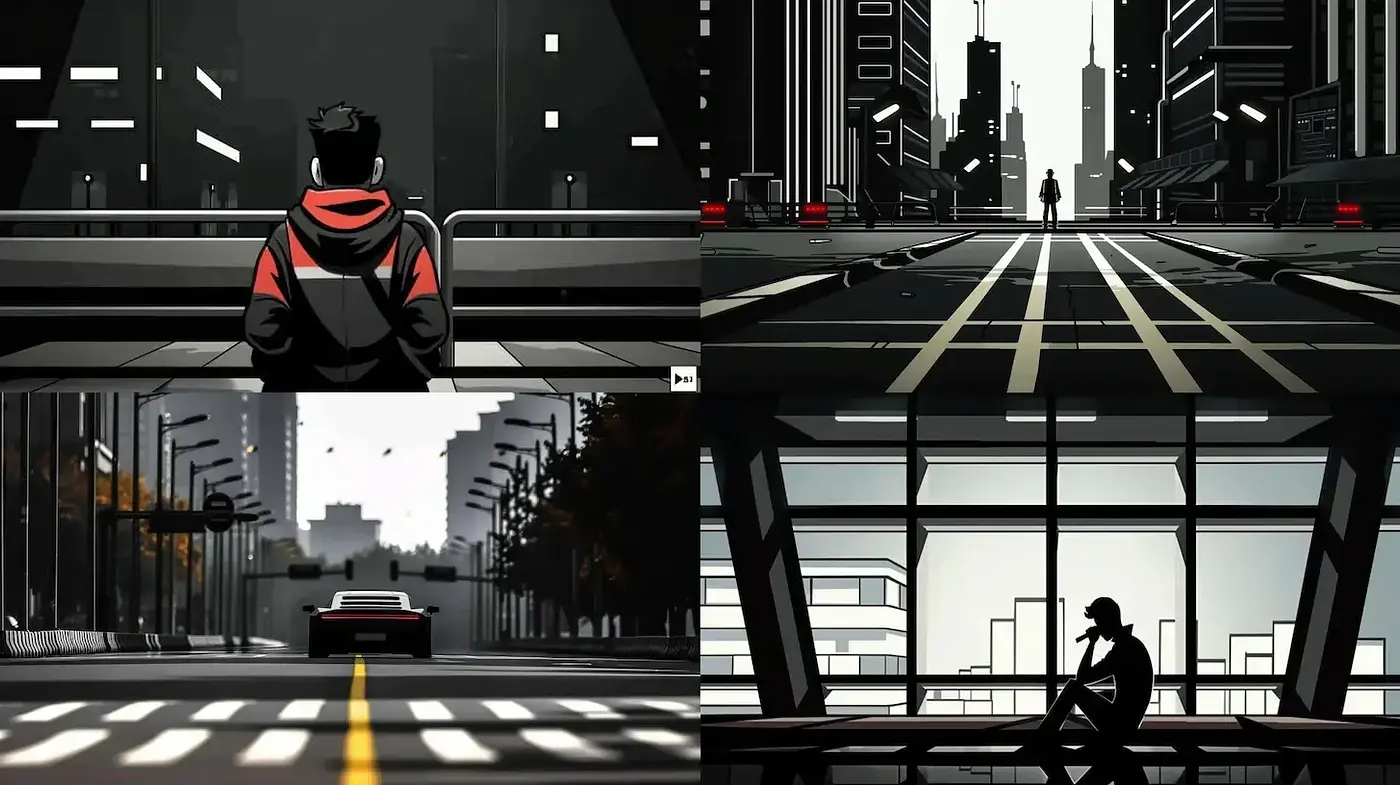 Dynamic urban environments with a contrasting monochrome aesthetic - Midjourney sref style
