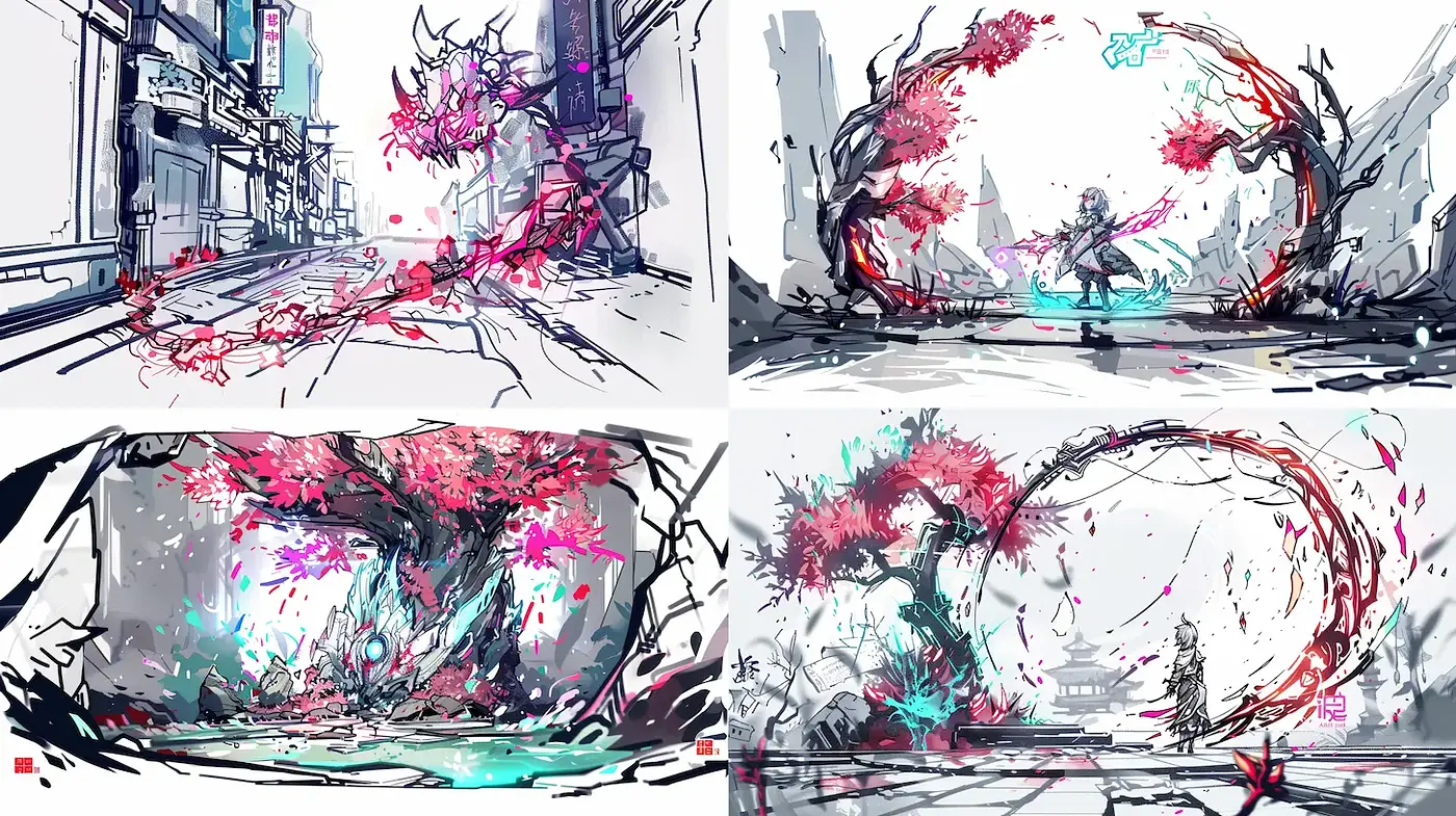 Dynamic and Ethereal Landscapes with Abstract Floral Elements - Midjourney sref style