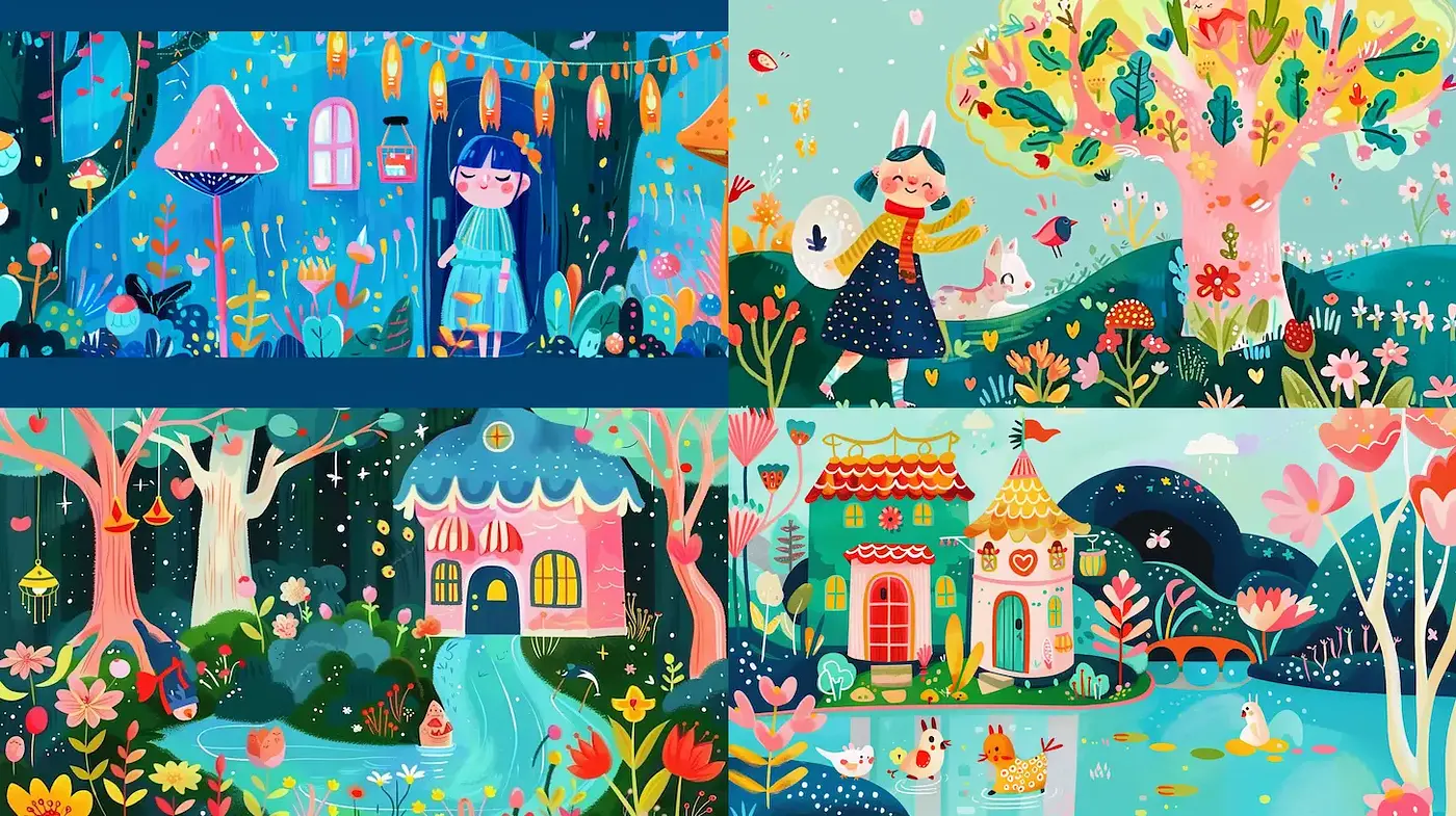 Whimsical and Colorful Landscape with Playful Characters - Midjourney sref style