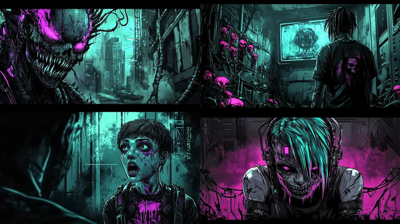 Neon Dystopia: A Cyberpunk Infusion with Gritty Textures and Dark Tones - Midjourney sref style